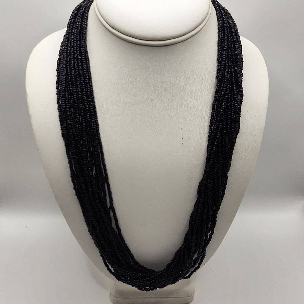 Multi Strand Black Seed Bead Statement Necklace Silver Tone Extender Chain‎